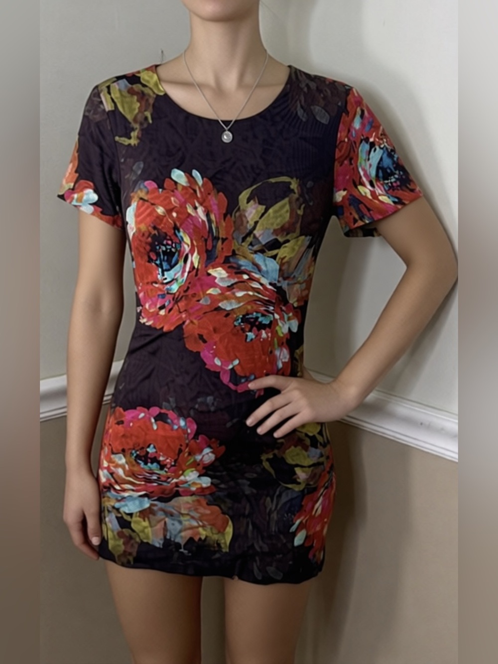 🎉 2 for $20! Trina Turk Navy Shift designer Dress with Red Floral Print